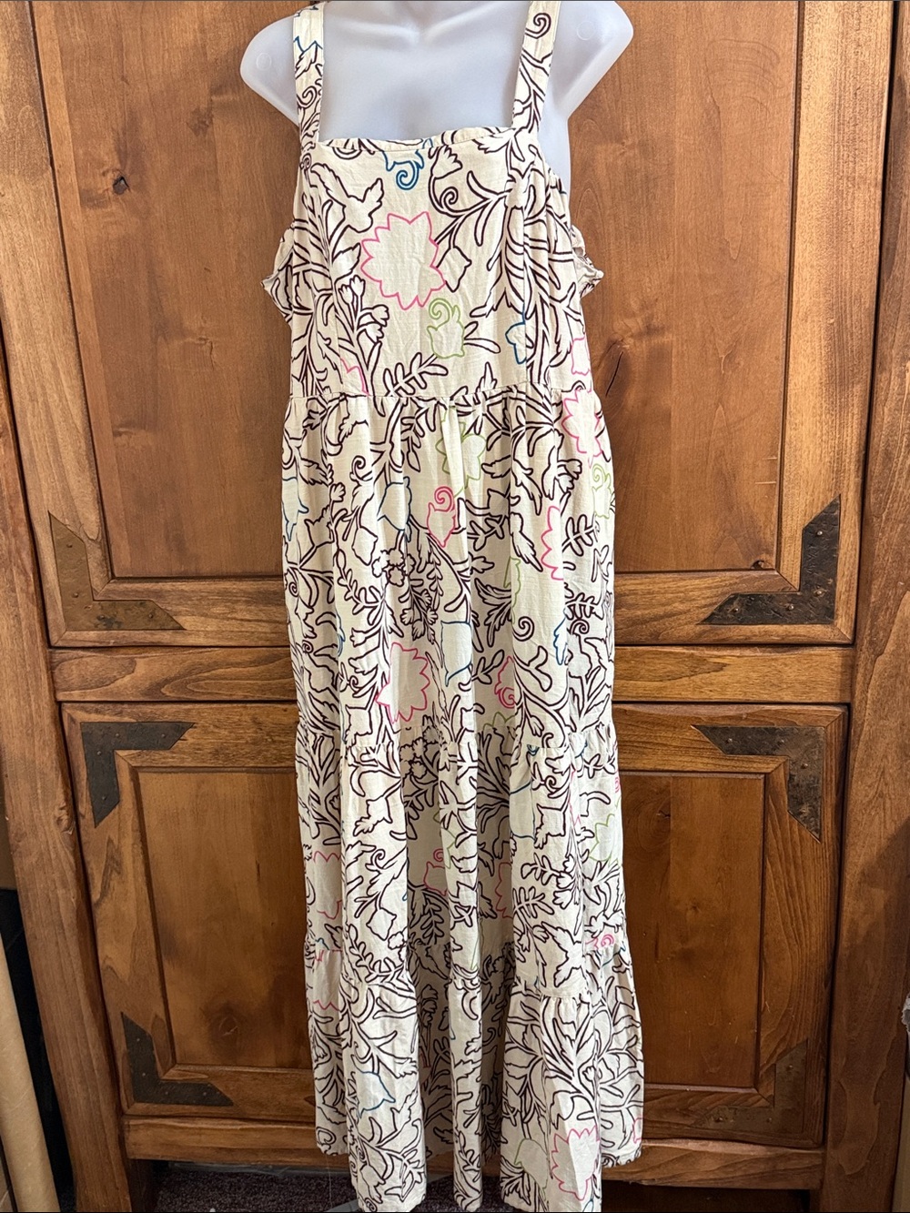 Knox Rose Cream Maxi Dress Black Floral Outline Pink Blue Green Accents Guc XL